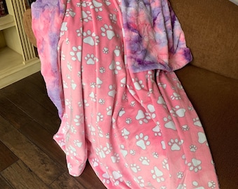 Handmade Minky Blanket: Pink Paw Print Cuddle, Luxe Minky Backing