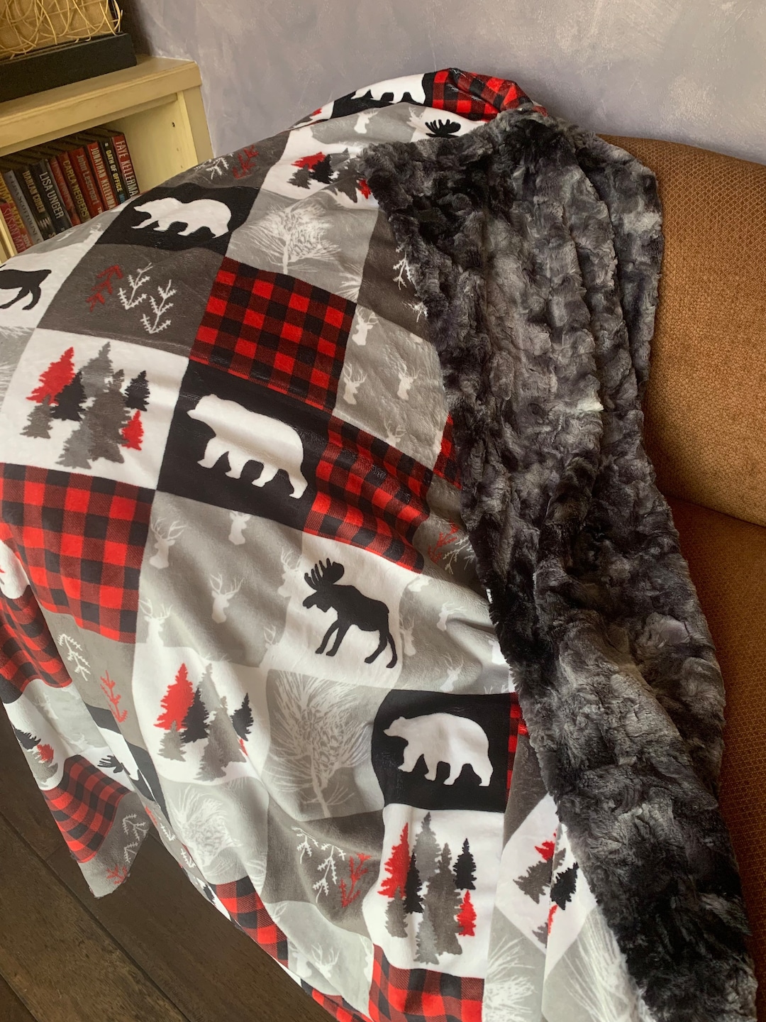 Handmade Luxury MINKY Blanket, Minky Blanket, Cabin Quilt Scarlet Print