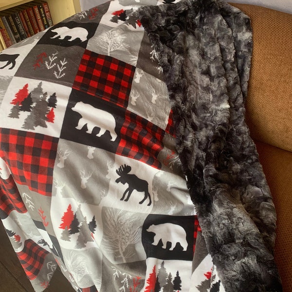 Handmade Luxury MINKY Blanket, Minky Blanket, Cabin Quilt Scarlet Print and Black Hide Blanket,  Cuddle & Luxe Cuddle Blanket