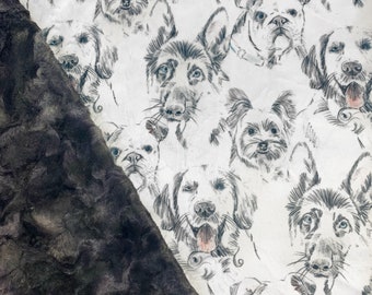Handmade Minky Blanket: Sketch Dog Print, Luxe Cuddle Fabric