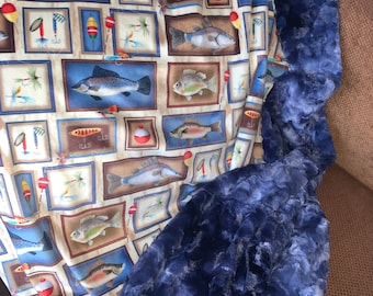 Handmade Minky Blanket: Gone Fishing Print, Luxe Cuddle Backing