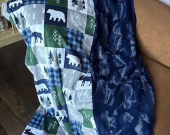Handmade Minky Blanket: Cabin Quilt Print, Luxe Cuddle Backing