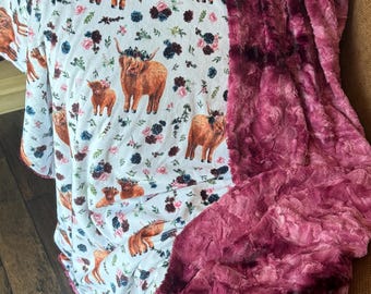Handmade Minky Blanket: Helga Highland Cow Print, Luxe Cuddle Backing