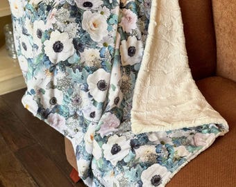 Handmade Floral Minky Blanket: Hoffman Blooming Buds Print, Luxe Cuddle Backing