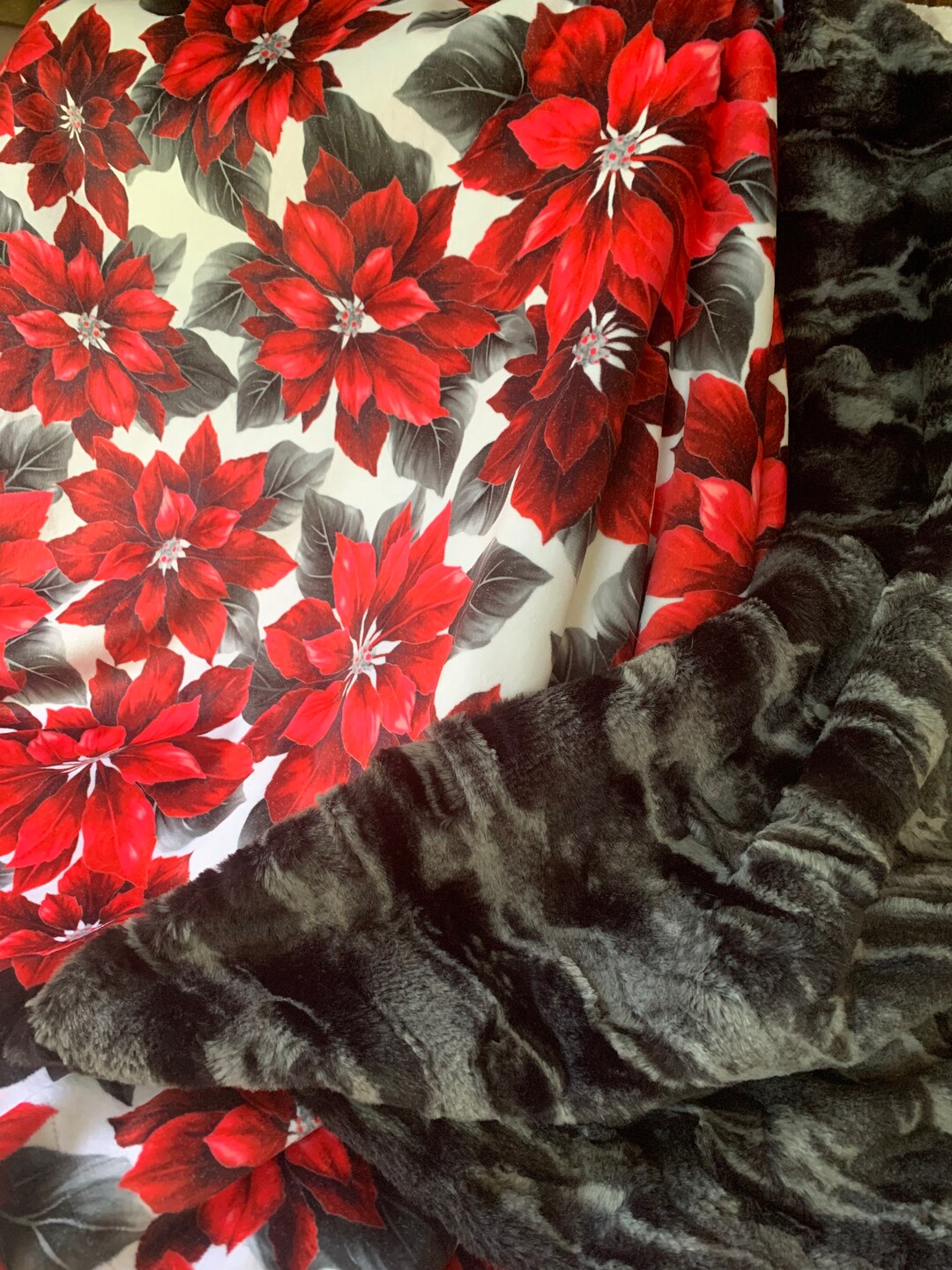 Handmade Luxury MINKY Blanket, Minky Blanket, Red Poinsettia With