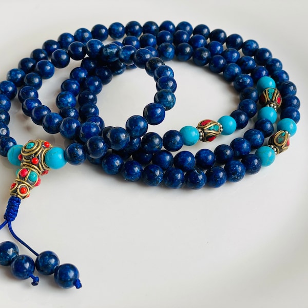 Natural Nepalese Blue Gemstones 108 Mala Beads, Meditation Beads, Reiki, Yoga, Japa Mala, Prayer Beads, Healing Mala ,Yoga Bracelet