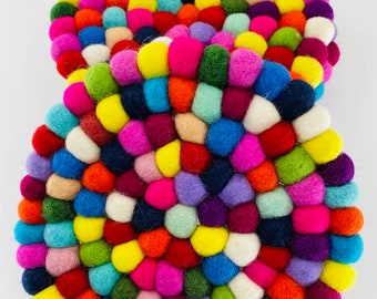 Nepal Handmade Rainbow Wool Felt Ball Mat Coaster Trivets Handmade Home Decor table mat colourful 20CM/ 10CM in Diameter Gifts UK SELLER