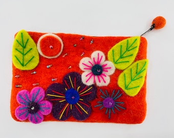 Fait à la main 100% Laine FELT Fleur Coloré PURSE Fairtrade - fait à la main au Népal.