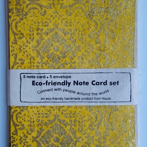 Handgjort papper med 5 kort och 5 kuvert, hantverkspapper, miljövänligt handgjort lokta-papper i Nepal, paket med 5 kort, brittisk säljare YELLOW 5 NOTE CARD