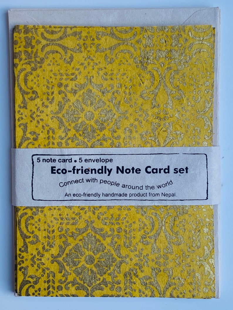 Handgjort papper med 5 kort och 5 kuvert, hantverkspapper, miljövänligt handgjort lokta-papper i Nepal, paket med 5 kort, brittisk säljare YELLOW 5 NOTE CARD
