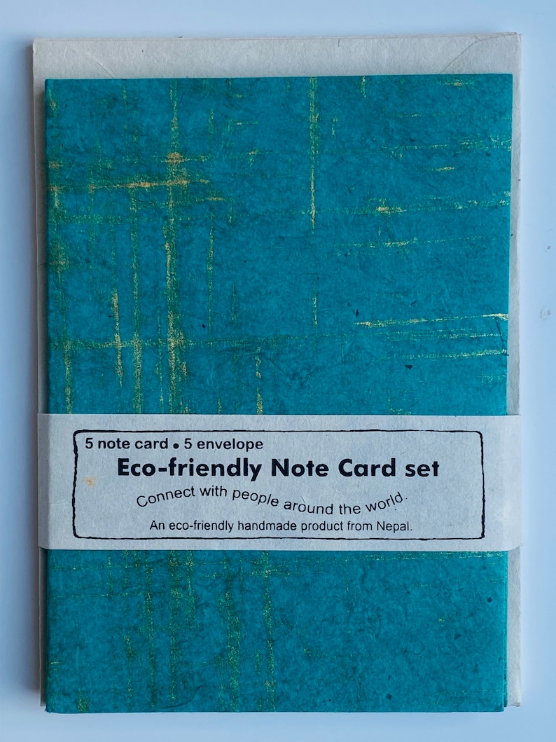 Handgjort papper med 5 kort och 5 kuvert, hantverkspapper, miljövänligt handgjort lokta-papper i Nepal, paket med 5 kort, brittisk säljare TURQUOISE 5 NOTECARD