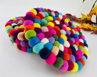 Nepal Handmade Rainbow Wool Felt Ball Mat Coaster Trivets Handmade Home Decor table mat colourful 20CM/ 10CM in Diameter Gifts UK SELLER
