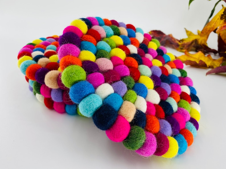 May include: A colorful round felt coaster made of many small balls of felt in various colors, including red, blue, green, yellow, pink, and purple.