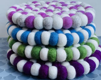Handcrafted Wool Felt Ball Trivet from Nepal — 20cm Colorful Table Mat & Coaster. A Beautiful Handmade Christmas Gift