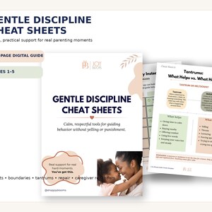 Op de afbeelding: Een digitale gids van 17 pagina's getiteld Gentle Discipline Cheat Sheets voor kinderen van 1-5 jaar. De cover toont een verzorger en kind in een omhelzing, met de tekst Calm, respectful tools for guiding behavior without yelling.