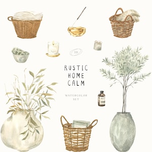 Rustikales Haus Aquarell Clipart Set | Gemütliches minimalistisches Zuhause - Neutraler Cottagecore - Calm Home Art - Ruhiges Wohnen im Grünen Clipart PNG