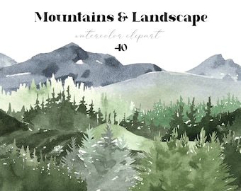 Watercolor Mountains Clipart Hill Greenery Pine Fir Trees Forest Evergreen Woodland Landscape Creator Wedding clip art png