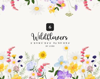 Wildflower Clipart Watercolor Dainty Wild Flower Seamless Border Bright floral Meadow Herb Pastel Logo Wedding invite Sublimation png