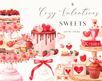 Watercolor Valentines Day Clipart Sweets Cake Pops Cupcakes Tiered Tray Red Heart Love Cookies Wedding Invitation Sublimation clip art png