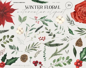 May include: A set of 39 watercolor winter floral clipart elements. The set includes red poinsettias, red roses, white cotton bolls, green holly leaves, red berries, pine cones, and various green branches.