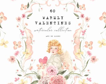 May include: A watercolor illustration of a cherub holding a pink heart, surrounded by pink and yellow flowers. The text "60 Warmly Valentines watercolor collection Art by Lichu" is displayed above the cherub.