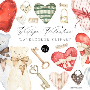 Watercolor Heart Vintage Valentines Day Key Cute Bear Character Love Brown Red Beige Green Relationship Couple Wedding Clipart png