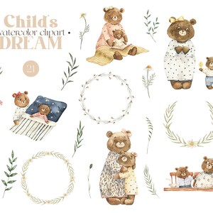May include: Watercolor clipart set featuring brown bears with bows and polka dots. The bears are reading, sleeping, hugging, and sitting on a bench. The set also includes wreaths and flowers.