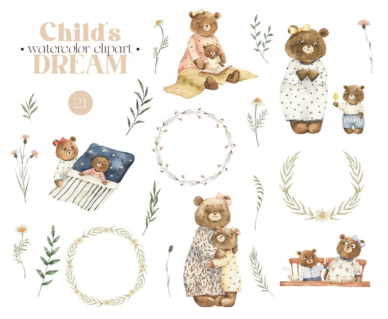 May include: Watercolor clipart set featuring brown bears with bows and polka dots. The bears are reading, sleeping, hugging, and sitting on a bench. The set also includes wreaths and flowers.