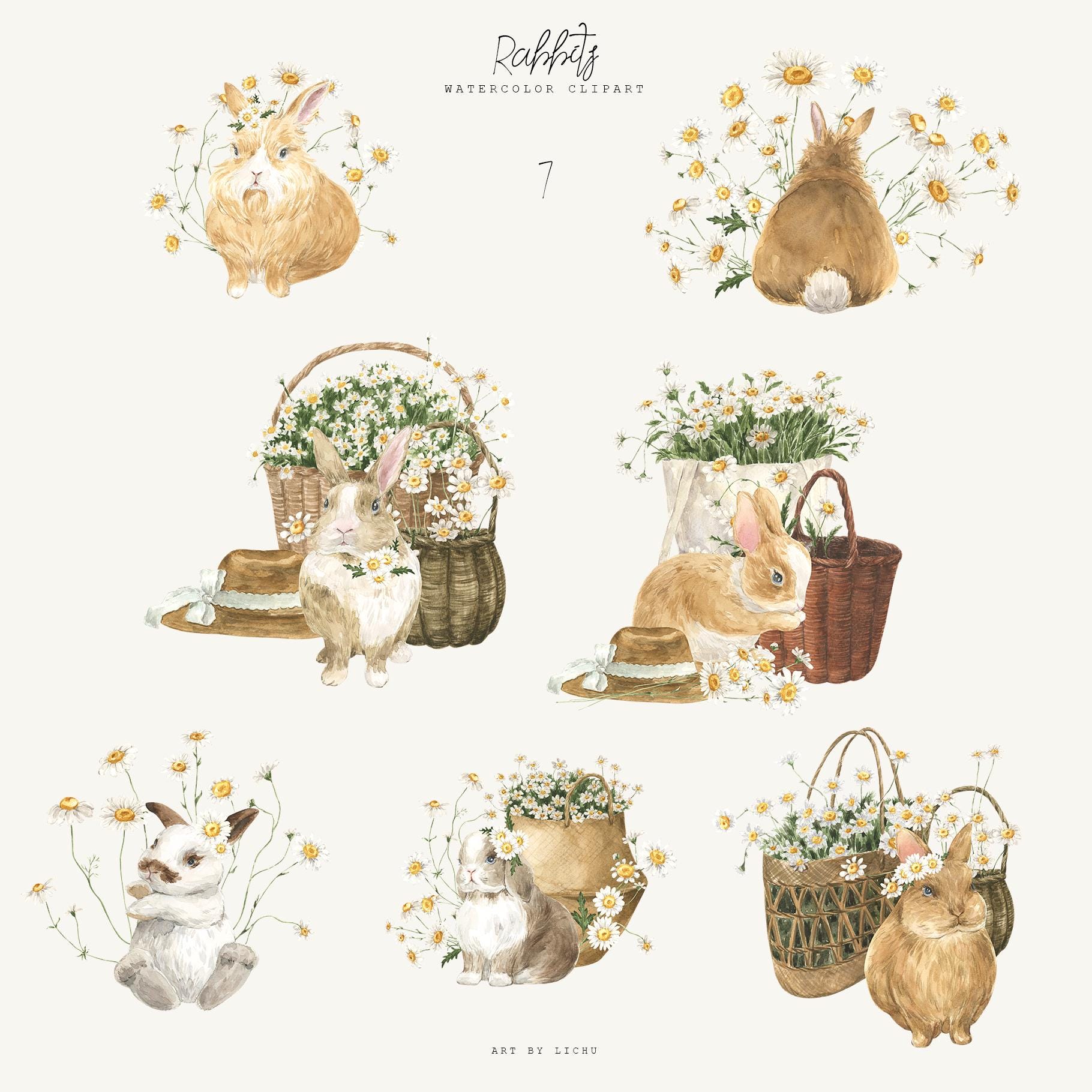 Easter Bunny Watercolor Daisy Clipart - Rabbits Clipart, Spring Flowers ...