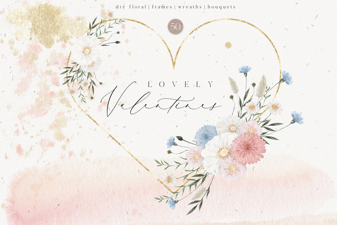 Watercolor Valentines Day Pink Floral Gold Heart Wreath Frame Daisy ...