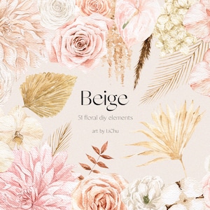 Clipart floral bohème aquarelle fleurs séchées bouquets de feuilles de palmier éléments botaniques feuilles feuillage tropical pour faire-part de mariage PNG