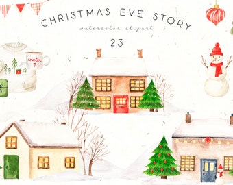 Winter Houses Christmas Watercolor Clipart Floral Cookie Snowman Christmas Tree Logo Cozy Cottage Village Farmhouse Barn Farm clip art png