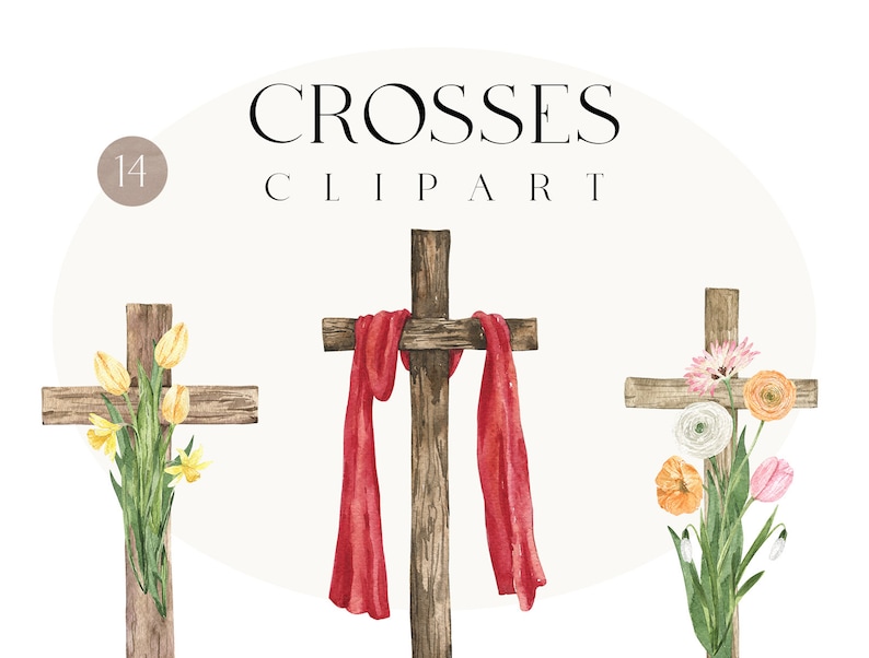 May include: A set of 14 watercolor illustrations of crosses with floral arrangements. The crosses are wooden and the flowers are in shades of yellow, white, pink, and orange. The crosses are decorated with a red scarf.