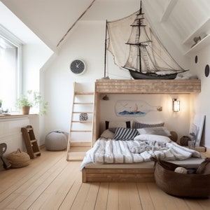 May include: A wooden bunk bed with a white and blue striped comforter and a large model ship hanging above it. The bed is decorated with nautical themed pillows and a woven basket.