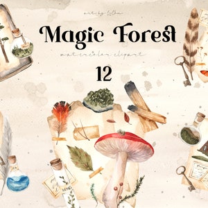 Watercolor Magic Clipart Vintage Letters Witch Craft Supplies Mushrooms Potions Bottles Map Crystals Sublimation png Wedding Invitation