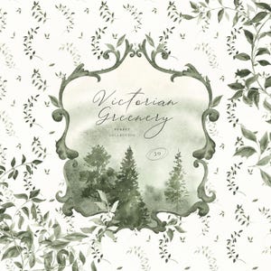 May include: A design featuring the text "Victorian Greenery Forest Collection". The image shows a decorative frame with a forest scene watercolour painting inside. The background is white with a pattern of green leaves and sprigs. The number 59 is also visible.