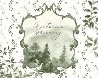 Victorian Frame Clipart Watercolor Forest Vintage Line Art Frame Rococo Botanical Green Watercolor Landscape Cottagecore Nature Rocaille PNG