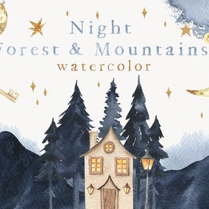 Aquarelle maison montagnes forêt Clipart magique étoiles célestes lune nuit ciel clés pyjama thé fleurs sauvages épicéa arbre cottage modèle png
