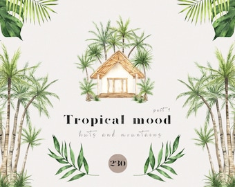 Watercolor Tropical Houses Clipart Greenery Palm Trees Hawaii Summer Outfits Colourful Logo Building Landscape Sublimation clip art png