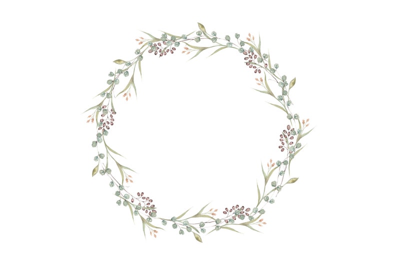 Watercolor Wildflowers Wreath Branch Greenery Spring Single Frame for Wedding Invite clipart png image 2