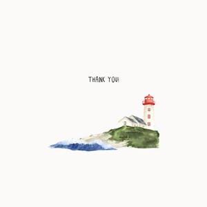 May include: A watercolor illustration of a lighthouse on a cliff with a wave crashing in the water. The text "THANK YOU!" is written above the lighthouse.