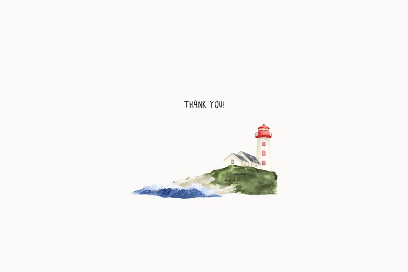 May include: A watercolor illustration of a lighthouse on a cliff with a wave crashing in the water. The text "THANK YOU!" is written above the lighthouse.