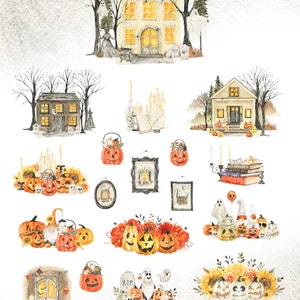 Watercolor Halloween Autumn Houses Clipart Pumpkin Sweets - Etsy