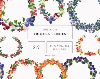 Watercolor Fruits Clipart Summer Berry Botanical Wreaths Strawberries Plums Currants Pear Blueberries Harvest Food Juicy Sublimation png