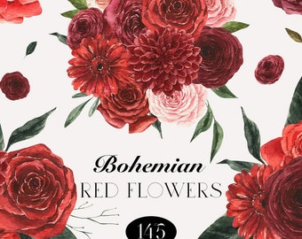 Boho Red Watercolor Floral Bohemian Burgundy Flowers Bouquets Wedding Invite Bordo wine color wreath frame alphabet pattern clipart png