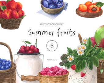 Watercolor Fruits Clipart Summer Berry Baskets Strawberries Plums Blueberries Harvest Food Juicy Birthday Wedding Clip Art Sublimation png