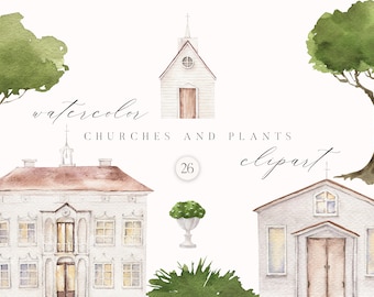Watercolor Church Wedding Invitation Floral Building Houses Country Garden Greenery Trees Plant Background Splash clipart png