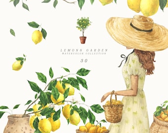 Peut inclure: Illustration aquarelle d'une femme portant un chapeau de paille et une robe blanche cueillant des citrons sur un citronnier. L'illustration est intitulée "Lemons Garden Watercolor Collection 30".