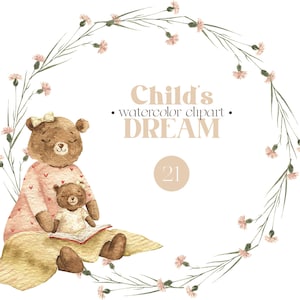 Aquarelle animal des bois mignon famille ours maman et bébé bebe enfants cadre de couronne de verdure boho pépinière clipart sublimation png