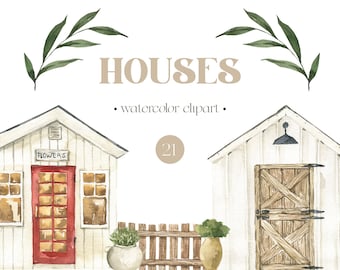 Watercolor houses clip art Summer country farm house Sweet home House drawing of a logo cottage Spring buildings plants clipart png